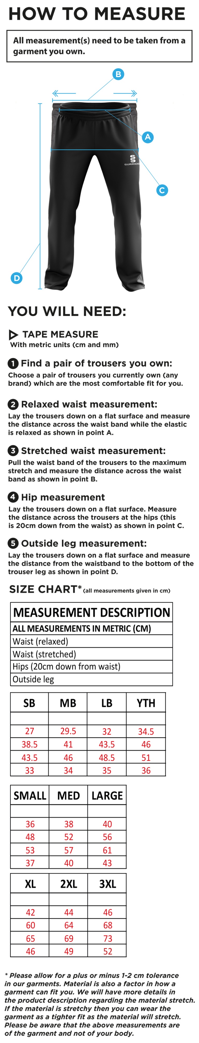 GATESHEAD STORM TRACKSUIT PANTS - Size Guide