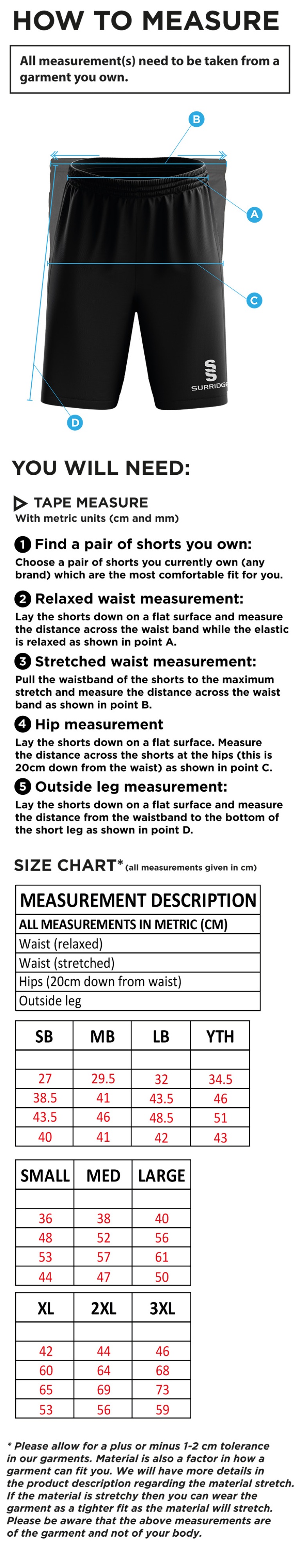 GATESHEAD STORM RIPSTOP SHORTS - Size Guide
