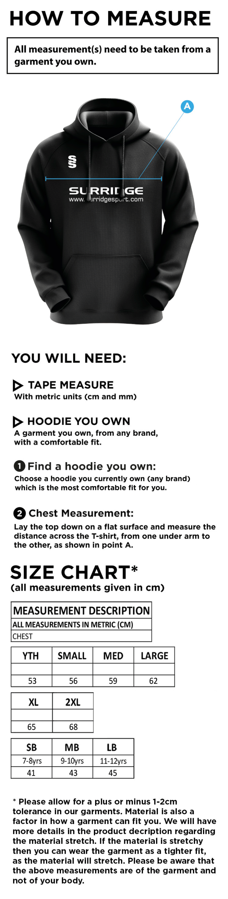 Gateshead Storm Blade Hoodie - Size Guide