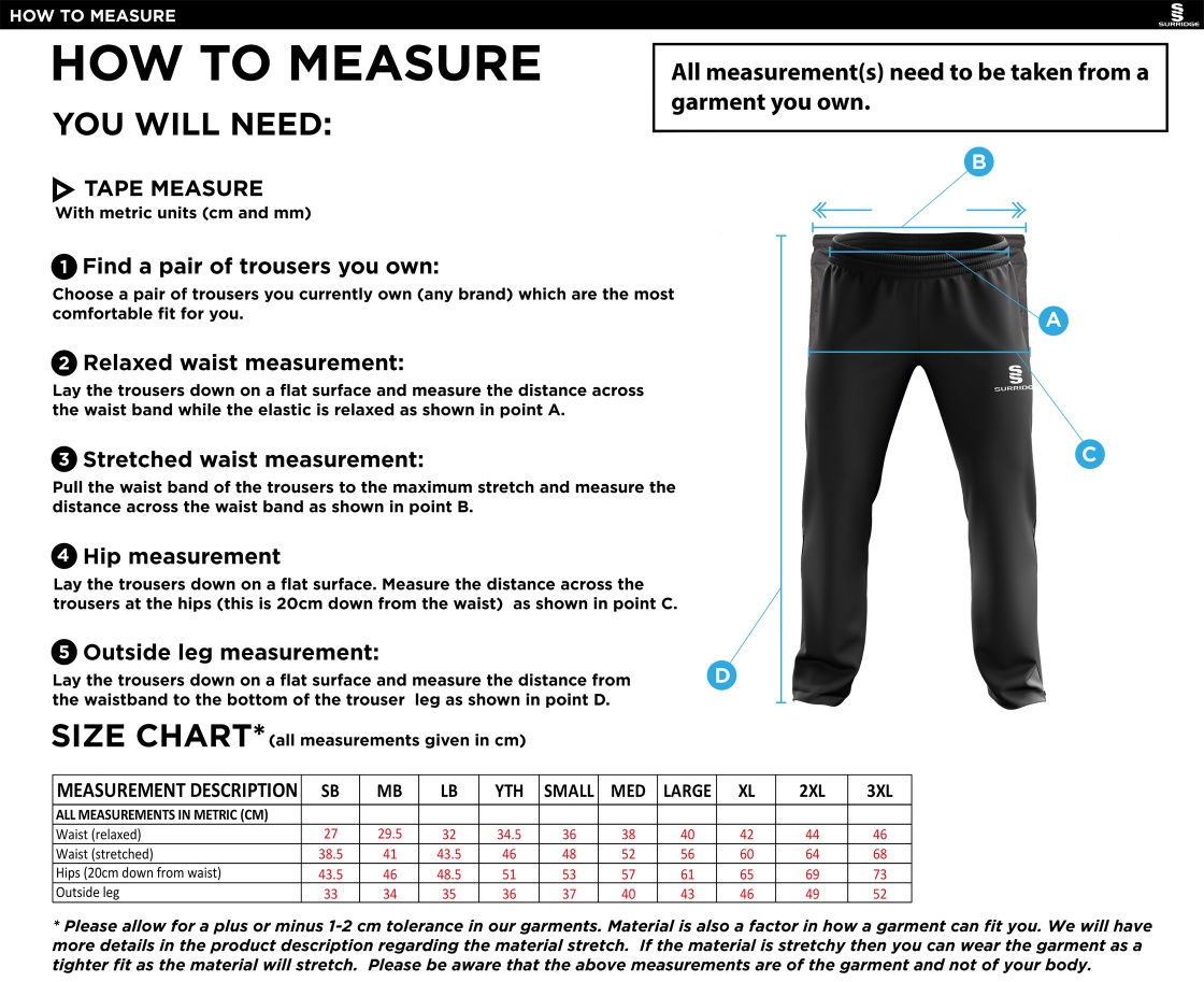 GATESHEAD STORM TRACKSUIT PANTS - Size Guide